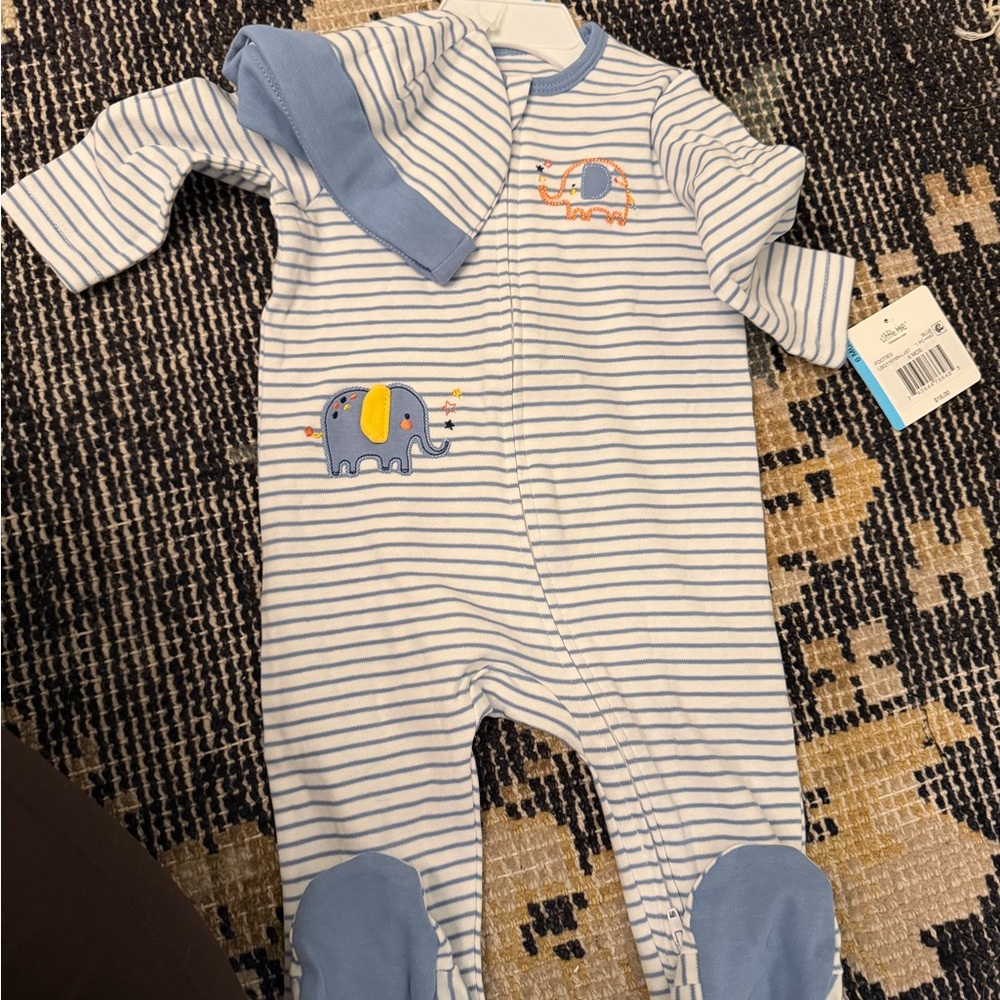 Little Me Blue and White Striped Footie with Elephant